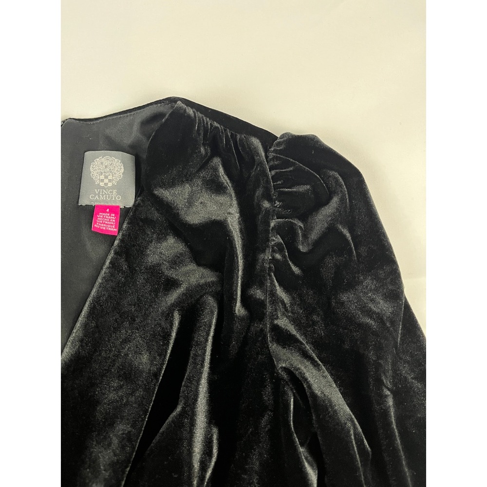 Vince‎ Camuto Black Velvet V Neck Puff Sleeve Ruched Waist Midi Dress Size 4
